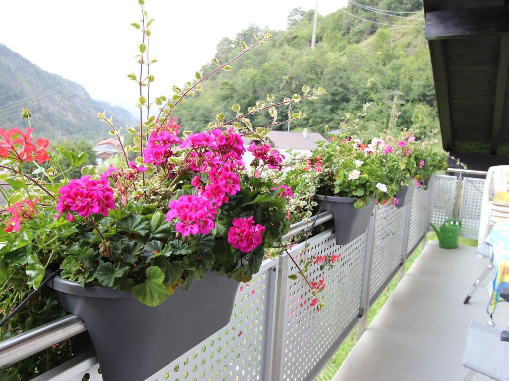 メーレルにあるSpacious holiday home in M rel Valais near the Aletsch Arena ski areaの花の咲くバルコニー