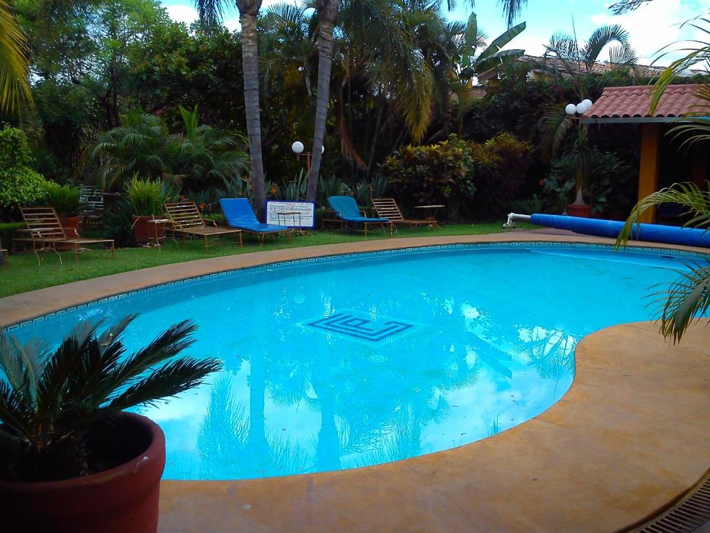 a large blue swimming pool with chairs and palm trees at CasaGrande Posada Ejecutiva in Cuernavaca