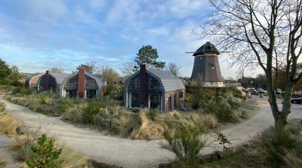 een groep gebouwen met een windmolen op de achtergrond bij Zonnestralen Egmond in Egmond aan den Hoef