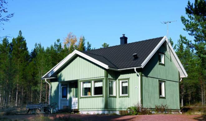 a green house with a black roof at Marbyfjärden seaside village Loftet in Eckerö