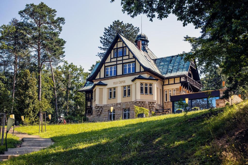 a large house on a grassy hill at Vila Čapek in Branžež