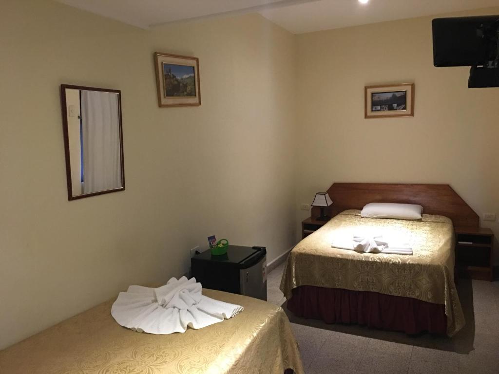 a bedroom with two beds and a mirror and a tv at Hotel Domingo Savio in Encarnación