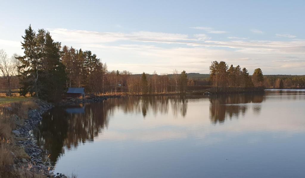 a view of a lake with trees and a house at HH&S Gåxsjö in Hammerdal