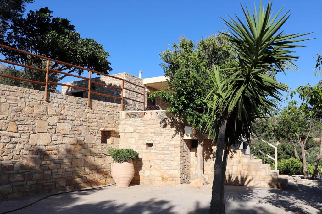 a stone building with a palm tree in front of it at Amathianis in Triopetra
