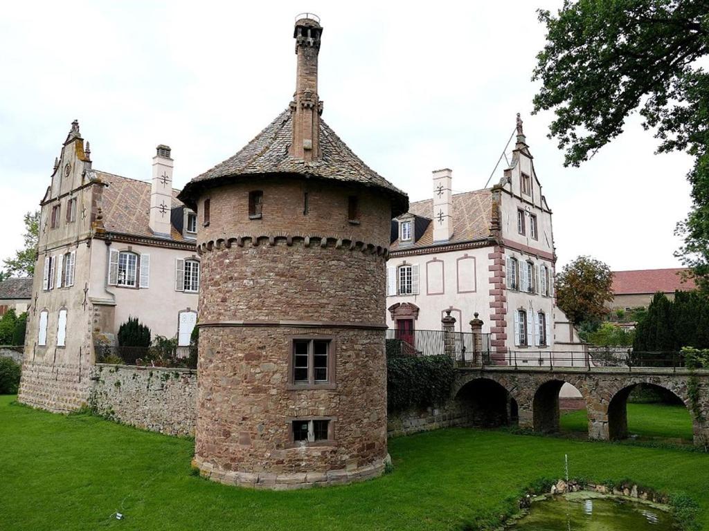 un vieux bâtiment avec une tour devant lui dans l'établissement Le Château D'Osthoffen, à Osthoffen