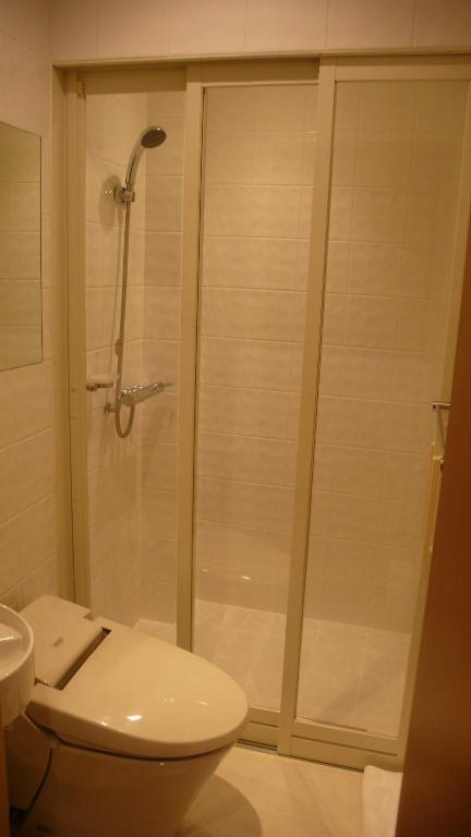 a bathroom with a shower with a toilet and a sink at Double Black Hotel in Hakuba