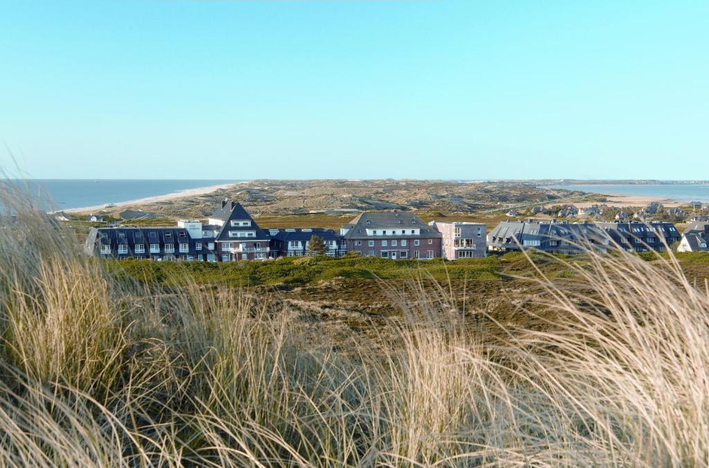 un groupe de maisons sur une colline avec de l'herbe dans l'établissement Hotel Rungholt, à Kampen