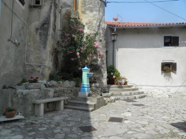 a blue fire hydrant in the corner of a building at Apartman DEJO in Mošćenička Draga