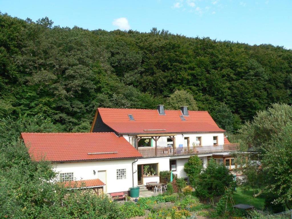 dom z czerwonymi dachami na wzgórzu w obiekcie Quiet holiday home with terrace w mieście Korbach