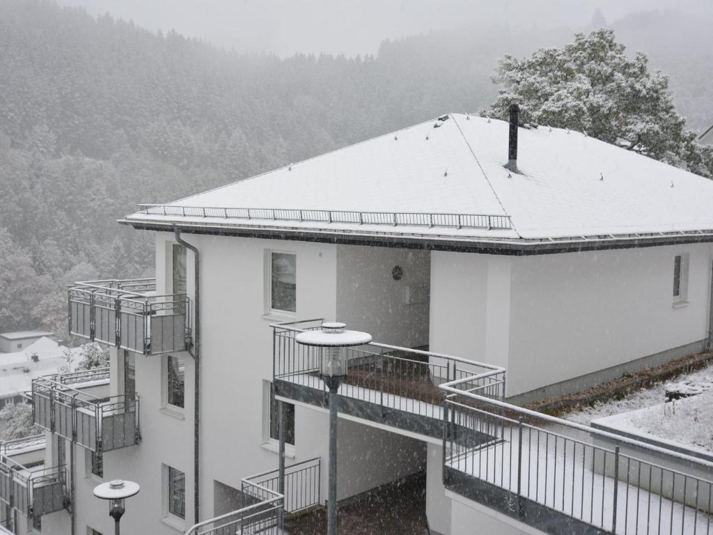een wit gebouw met sneeuw op het dak bij Geräumiges Apartment mit Balkon in Willingen in Willingen