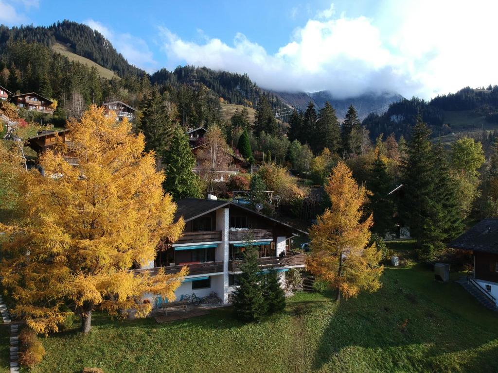 eine Luftansicht eines Hauses in den Bergen in der Unterkunft Fyfauter 1 in Schwarzsee