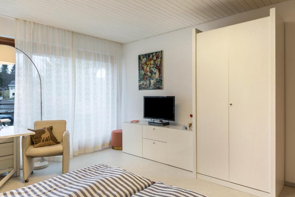 Cette chambre blanche dispose d'un bureau et d'une télévision. dans l'établissement Ferienwohnung Nina, à Schönwald