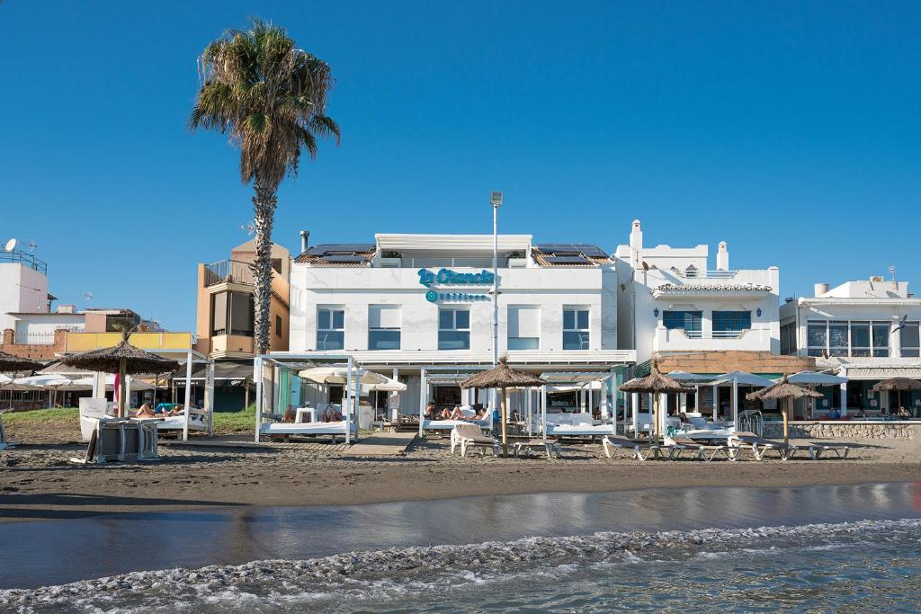 a white building on the beach with a palm tree at Hotel La Chancla in Málaga