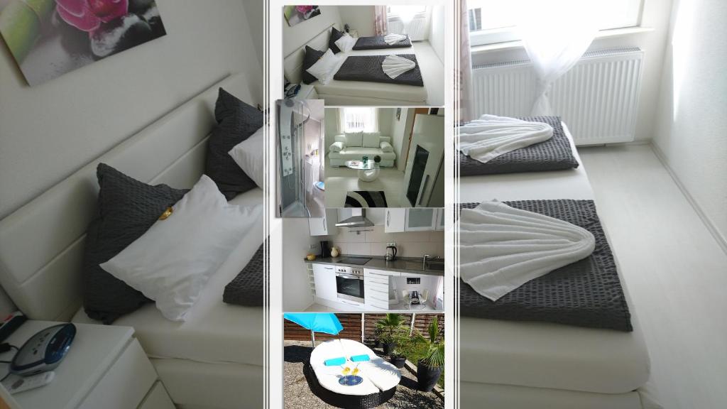 3 Bilder eines kleinen Zimmers mit weißen und schwarzen Kissen in der Unterkunft Apartment City in Radolfzell am Bodensee