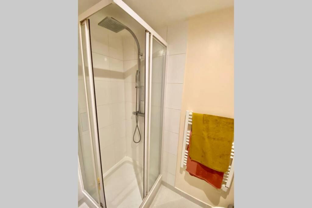a shower with a glass door in a bathroom at Cocon de Douceur : Apaisement et Harmonie intérieure in Blois