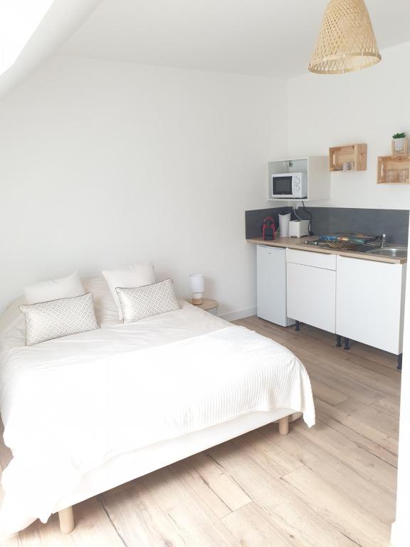 een witte slaapkamer met een wit bed en een keuken bij Studio n°6 Henriville in Amiens