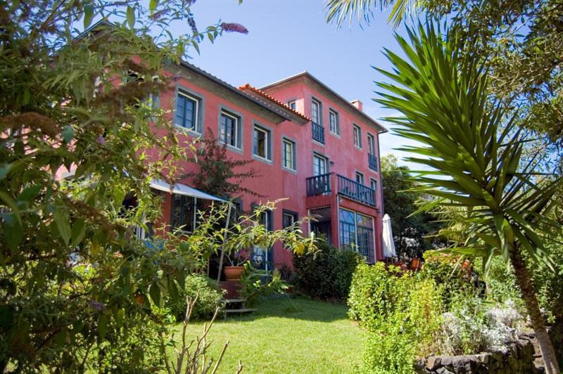 ein großes rosafarbenes Haus mit einer Palme im Hof in der Unterkunft Estrela do Atlântico in Horta