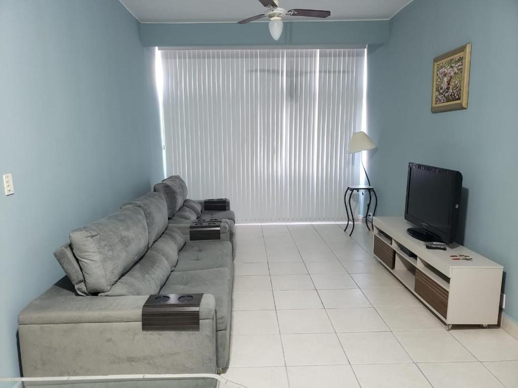 ein Wohnzimmer mit einem Sofa und einem Flachbild-TV in der Unterkunft Apartamento PÉS NA AREIA in Santos