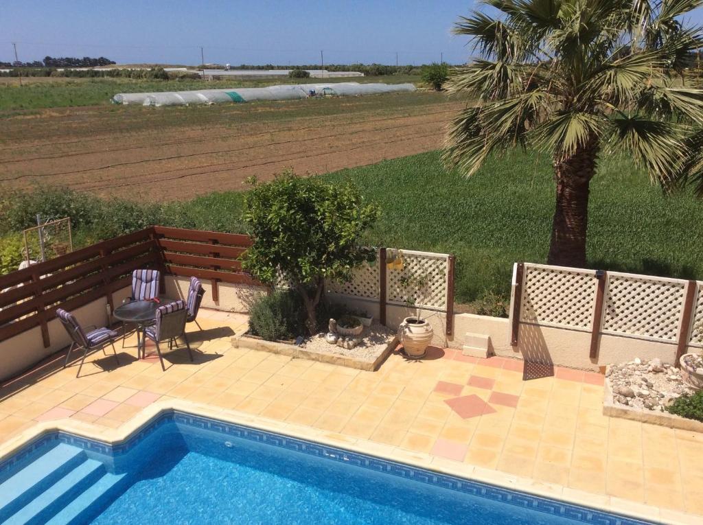 曼德里亞的住宿－Quality Villa with Pool in Superb Location in Paphos，一个带两把椅子的游泳池,一个棕榈树