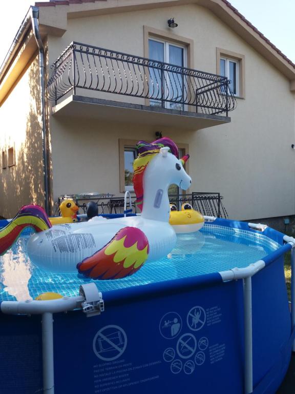a inflatable horse in a pool in front of a house at Ignac Tribalj in Tribalj
