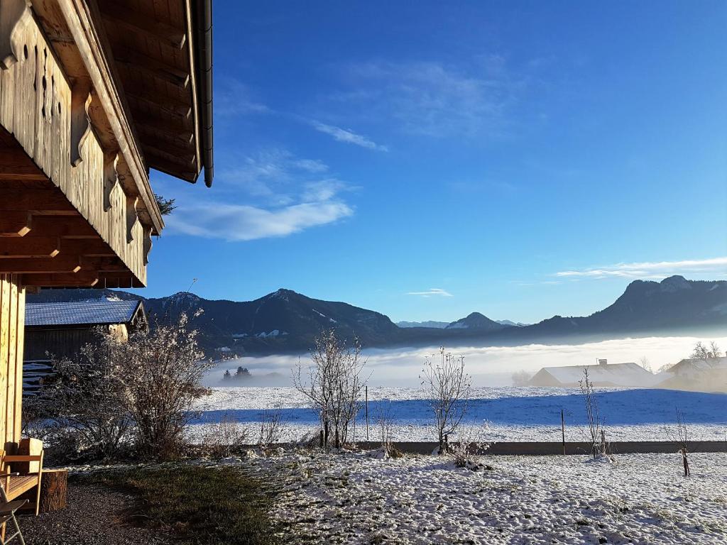 uma vista para uma montanha coberta de neve com uma casa em Rieplhof em Samerberg