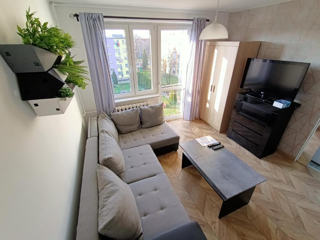 a living room with a couch and a table and a tv at Perfekt place in Oświęcim