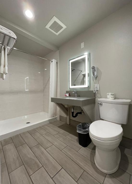 a bathroom with a toilet and a sink and a tub at Budget Lodge Eugene - Airport in Eugene