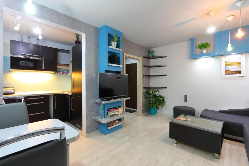 ein Wohnzimmer mit einem Sofa und einem TV in der Unterkunft Apartmán 77 in Loučná nad Desnou