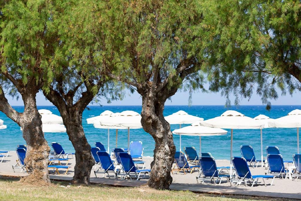 een groep stoelen en parasols op een strand bij Club Marmara Rhodes Doreta Beach in Theologos