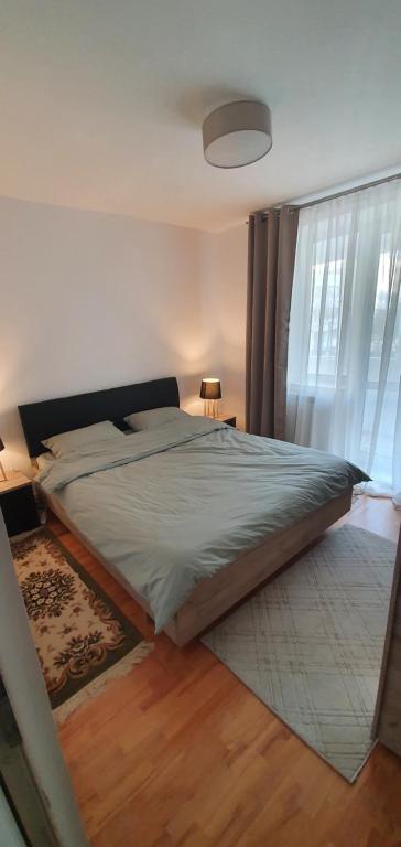 a bedroom with a large bed and a window at Apartament Chaplins 3 camere in Piatra Neamţ