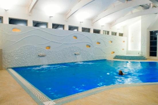 Indoor swimming pool with artistic wall design and bright lighting.