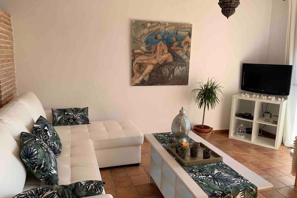 una sala de estar con un sofá blanco y una pintura en la pared en NATURAL DREAM APARTMENT BLUE WIFI, en Tarifa