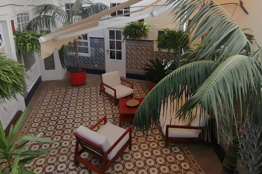 a courtyard with chairs and palm trees in a house at Patio Central in Santa Cruz de la Palma