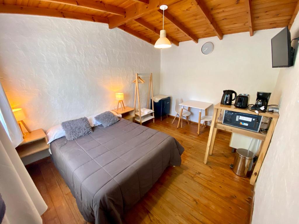 1 dormitorio con cama, mesa y escritorio en Apart Las Carretas en El Calafate