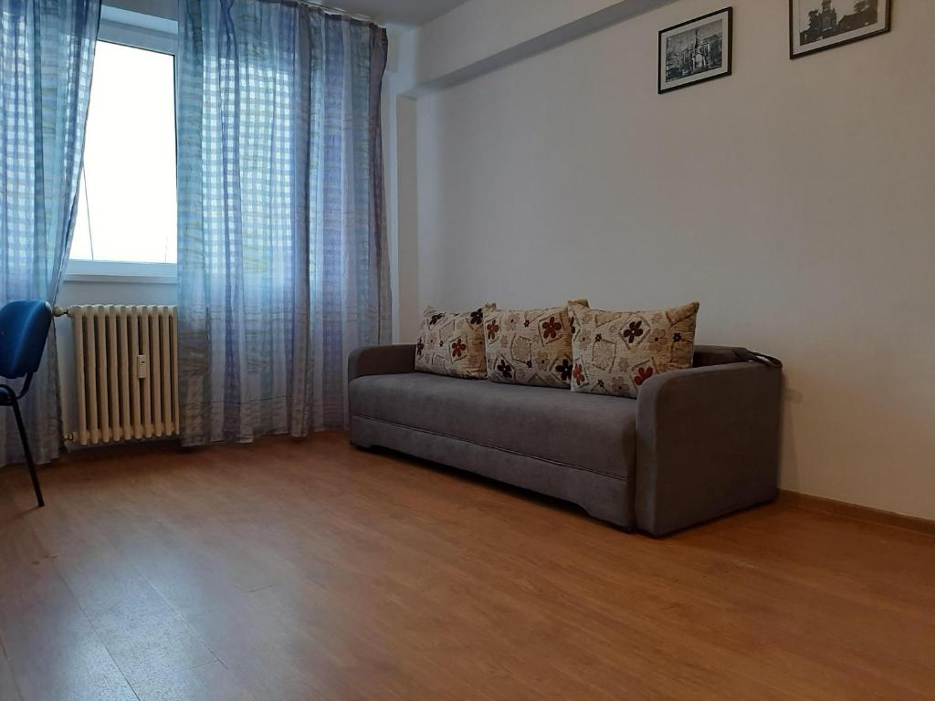 a living room with a couch and a window at Ultracentral apartment bulevard regele mihai nr 10, sc a ap 16 in Timişoara