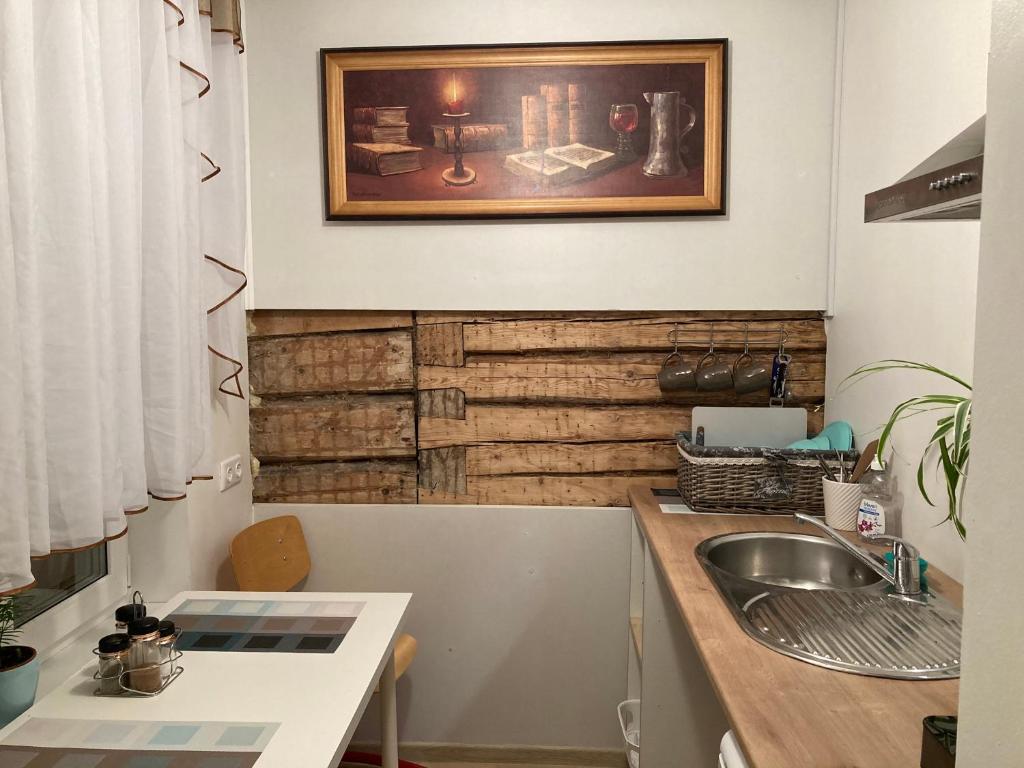 uma cozinha com um lavatório e uma pintura na parede em Renthouse Guest Apartment em Paide