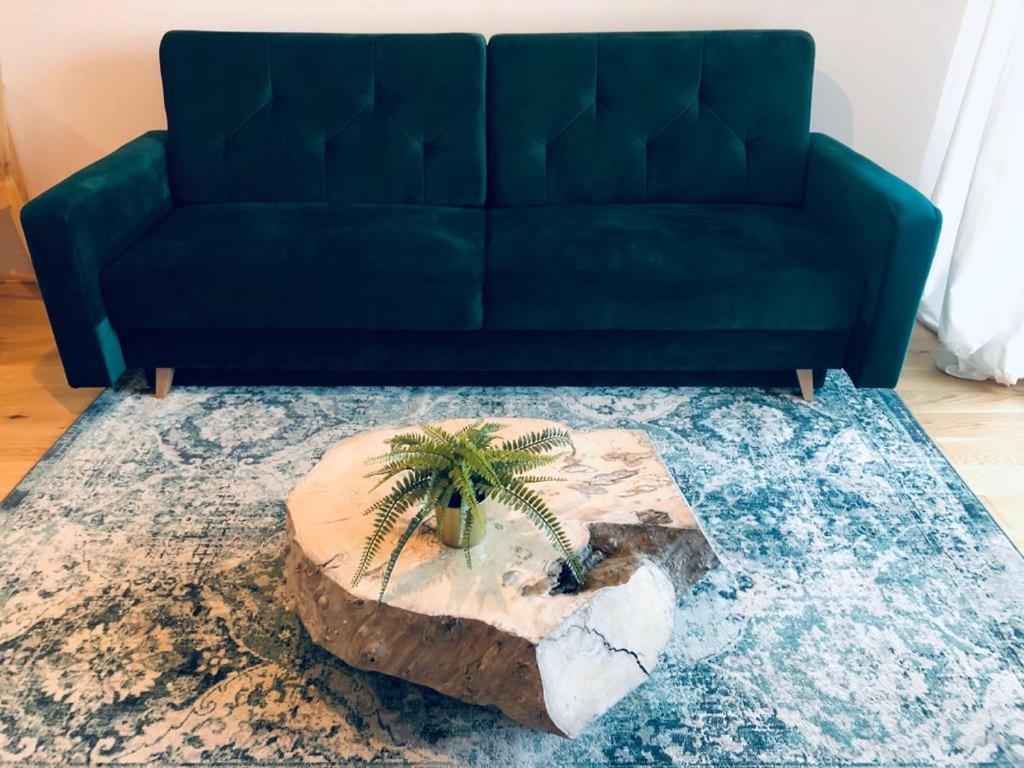 a living room with a blue couch and a palm tree on a rug at Apartament z Widokiem na Morze in Gdańsk