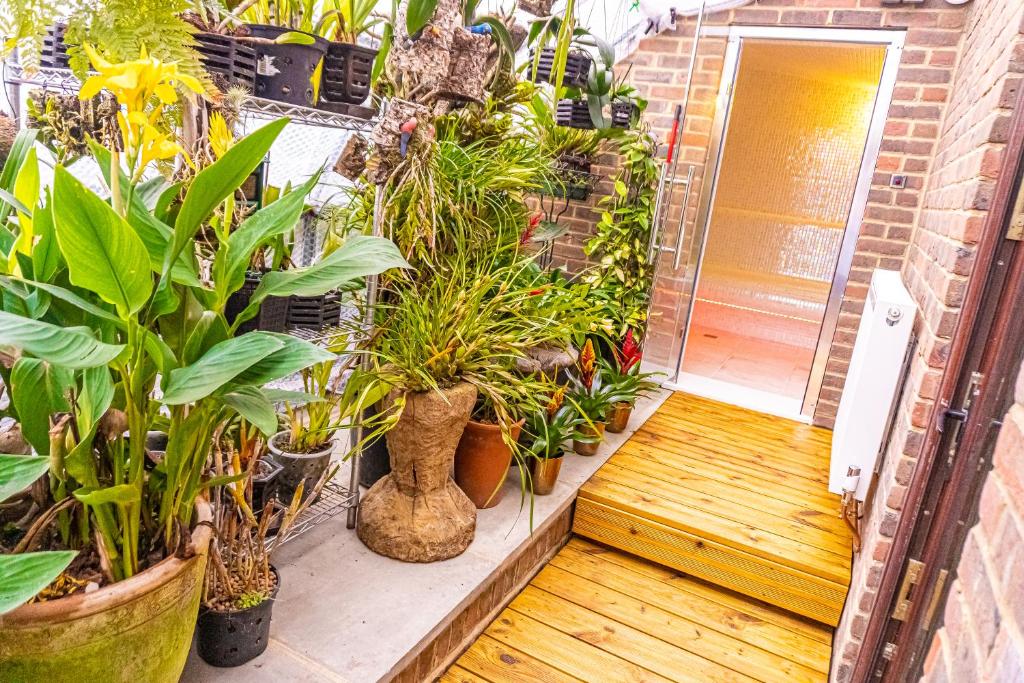 a room with a bunch of potted plants on a porch at Sea View Holiday Flat - Covehurst Bay in Hastings