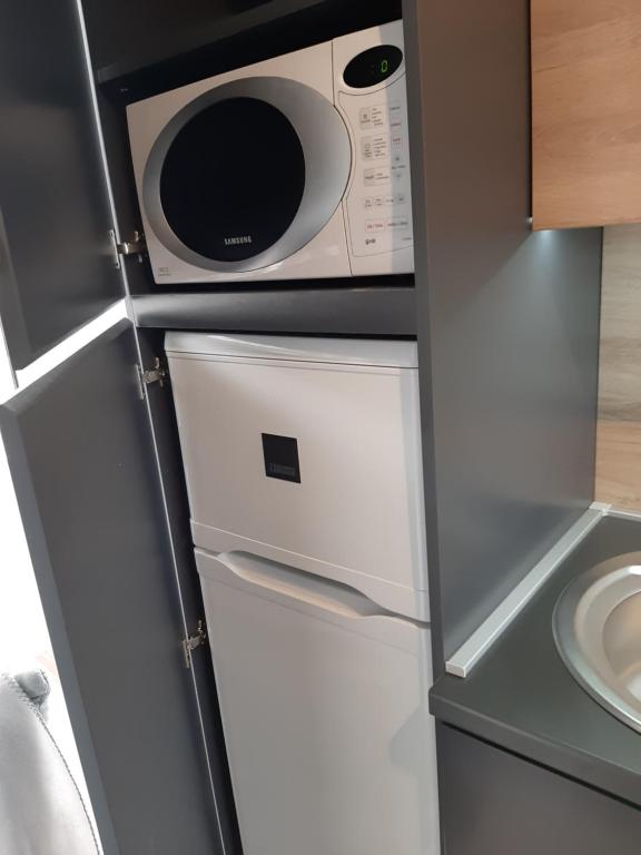 kuchenka mikrofalowa na lodówce w obiekcie haJÓ Apartman w mieście Keszthely