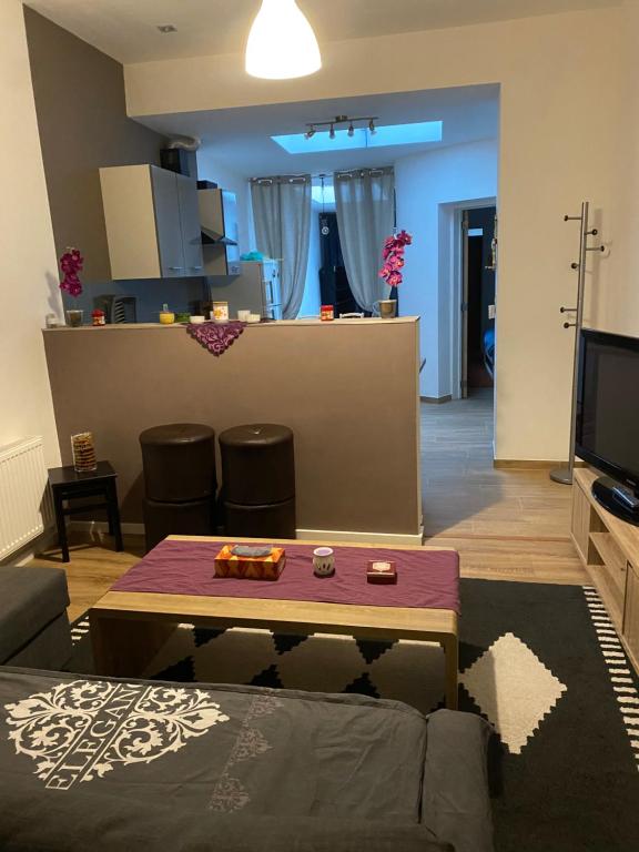 een woonkamer met een bank en een salontafel bij superbe appartement in Charleroi