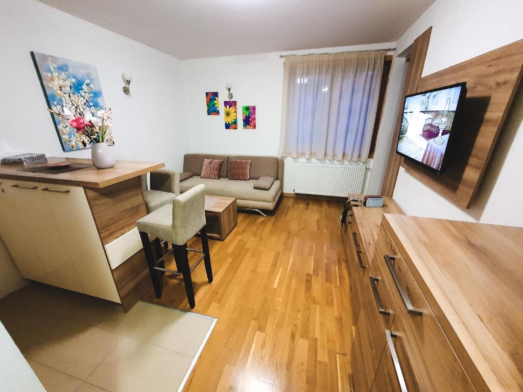 亞霍里納的住宿－Apartment U 154 - Aparthotel Vučko，客厅配有沙发和桌子