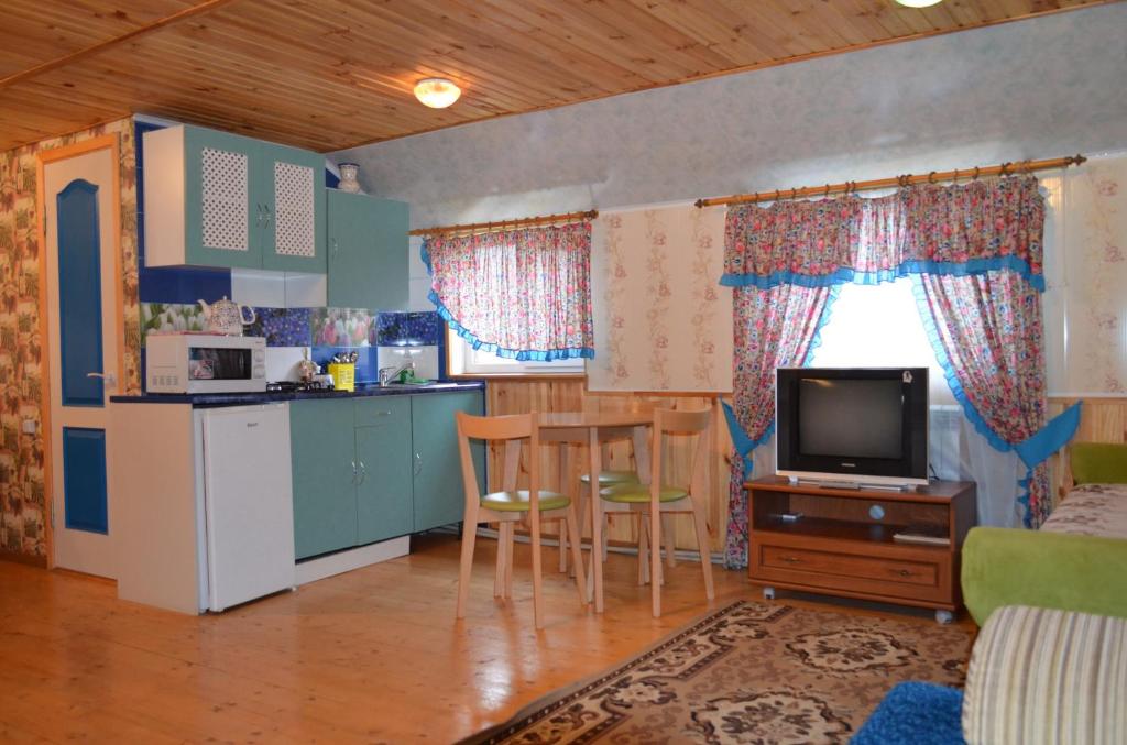 a kitchen and living room with a kitchen and a living room at Cottages On Gdantsevskaya Street in Kryvyi Rih