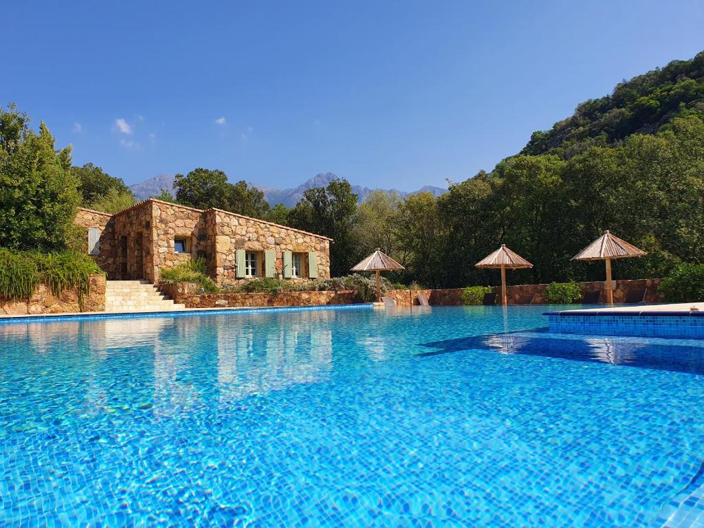 a large swimming pool with blue water and umbrellas at Domaine Codaleone in Serriera