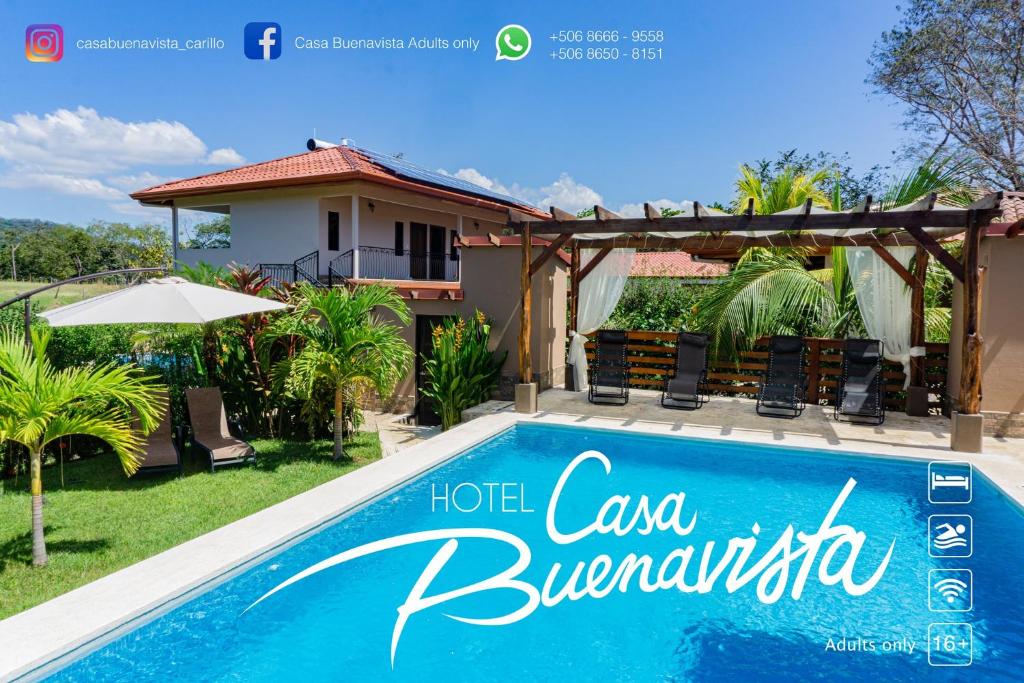 a villa with a swimming pool in front of a house at Hotel Casa Buenavista - Adults only in Sámara