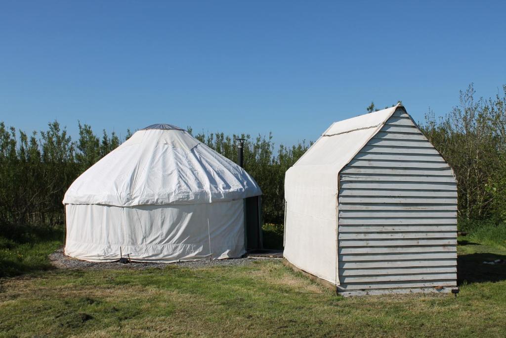 Mill Haven Place glamping yurt 3 في هافرفوردوست: خيمة بيضاء كبيرة مع سقيفة صغيرة