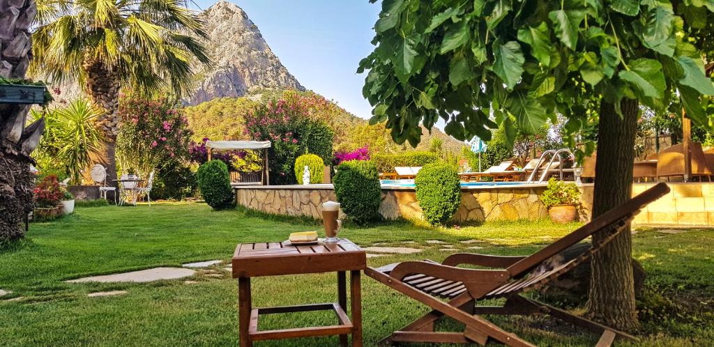a picnic table in a yard with a mountain in the background at Papirus Hotel in Adrasan