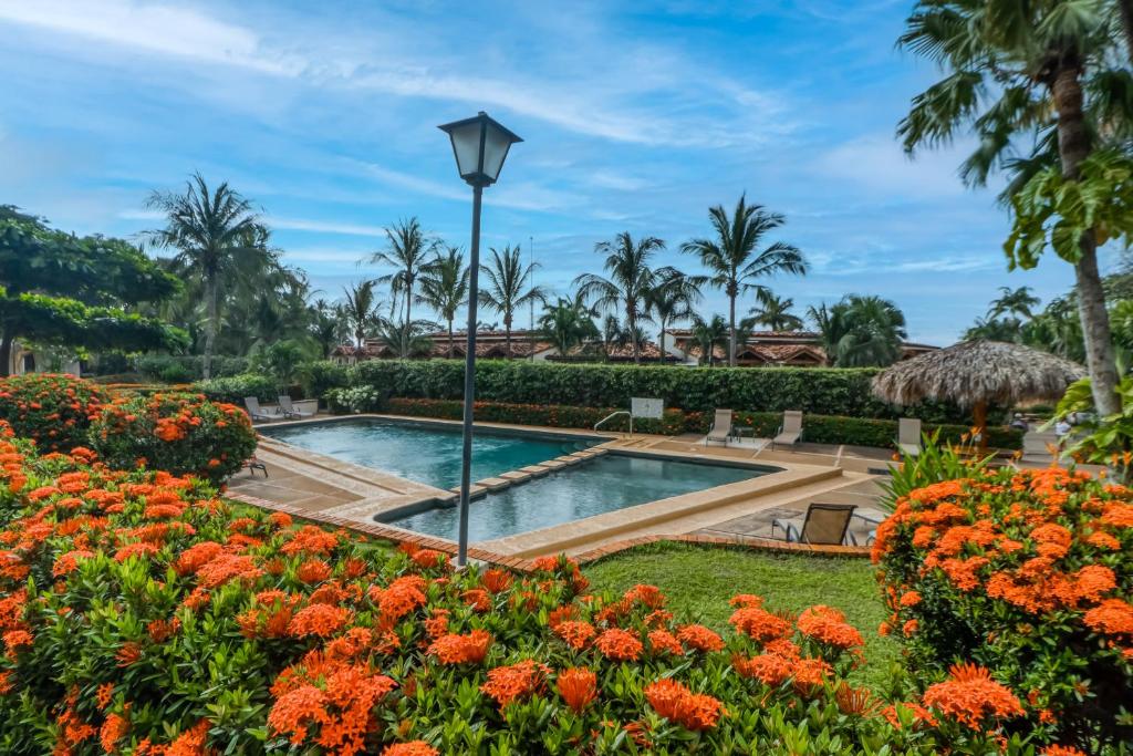 弗拉明戈海灘的住宿－Flamingo Villa #12，花卉花园中的游泳池