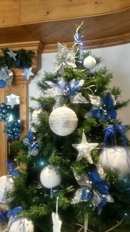 a christmas tree with blue and white decorations at Hotel Vienna in San Martino di Castrozza