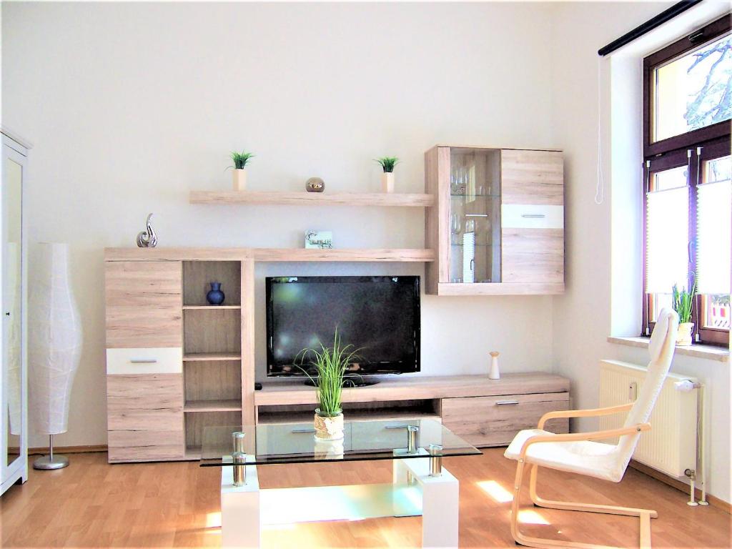 uma sala de estar com uma televisão e uma mesa de vidro em Citywohnung am Rannischen Platz I em Halle an der Saale