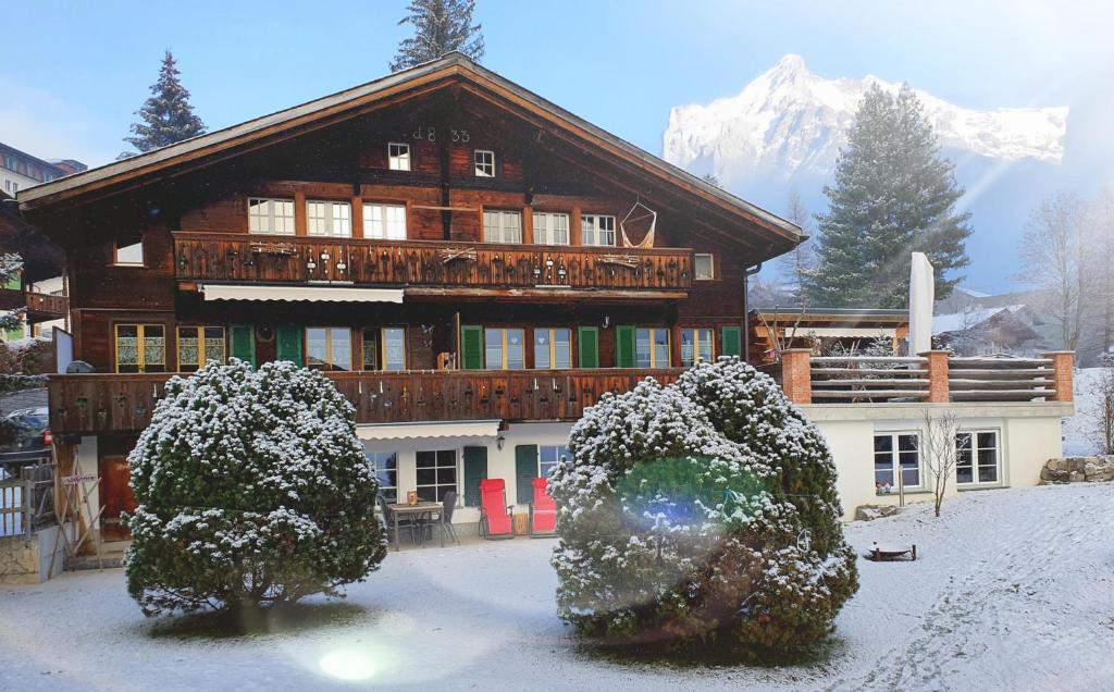 ein großes Holzgebäude mit Bäumen davor in der Unterkunft Guggerzyt in Grindelwald